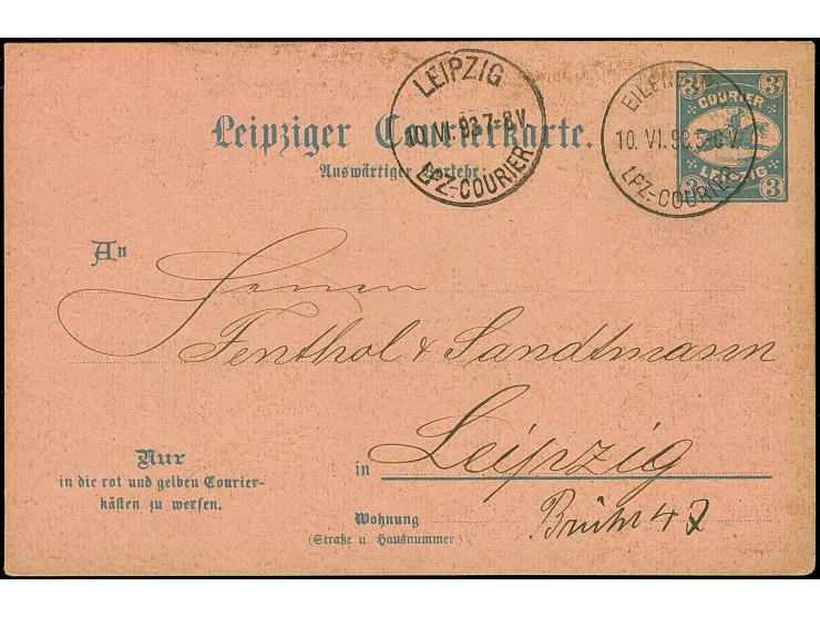 Courier: 1893, Ganzsachenkarte 3 Pfg. mit Stempel “EILENBURG LPZ.-COURIER 10.VI.93” und viel Text nach Leipzig mit vorderseit