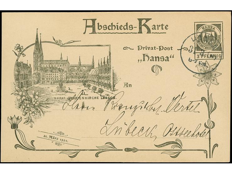 Hansa: 1900, Abschieds-Ganzsachenkarte 3 Pfg., einmal ungebraucht und einmal mit Stempel “HANSA 31.3.1900” ohne Text in einwa