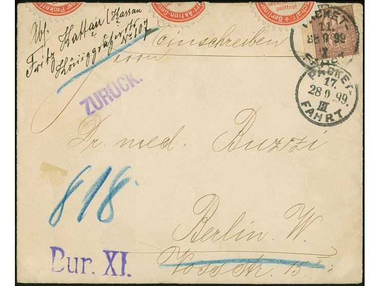 Berliner Packetfahrt Gesellschaft: 1896, 10 Pfg. braunlila mit Stempel "PACKET-FAHRT III 17. 28.9.00, Randstück auf R-Ortsbri