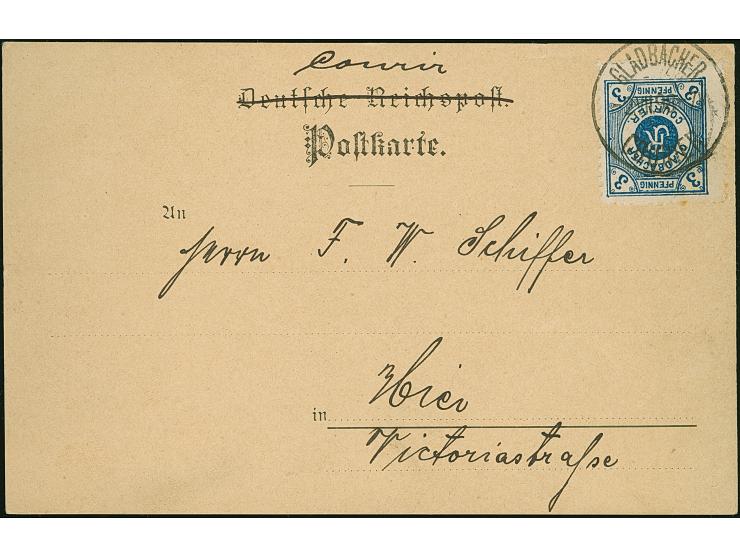 Gladbacher Courier: 1897/99, Ausgabe 1897 3 Pfg. blau, zwei Einzelmarken auf zwei Postkarten, dazu weitere Postkarte mit Ausg