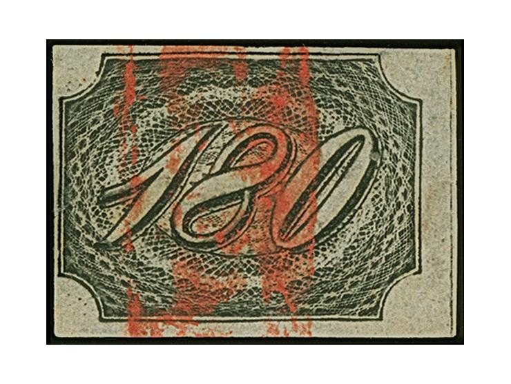 1844/46, Inclinados 180 r. black, ample to large margins, used by red boxed handstamp, very fine, signed Pfenninger
