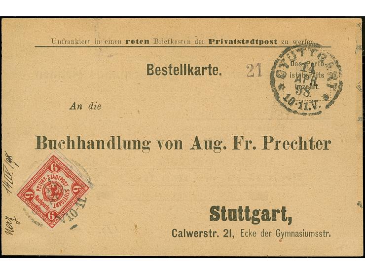 Privat-Stadtpost: 1896, Nachportomarke 6 Pfg. rot mit Stempel “STUTTGART 14.APR.98” auf unfrankierter Bestellkarte an die Buc