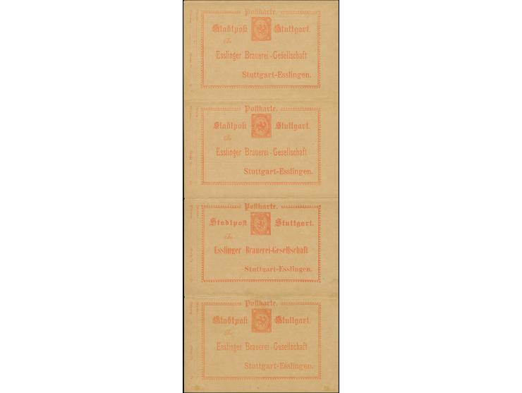 Privat-Stadtpost: 1899, Ganzsachenkarte auf Privatbestellung 3 Pfg. “Esslinger Brauerei-Gesellschaft” im Viererstreifen mit e