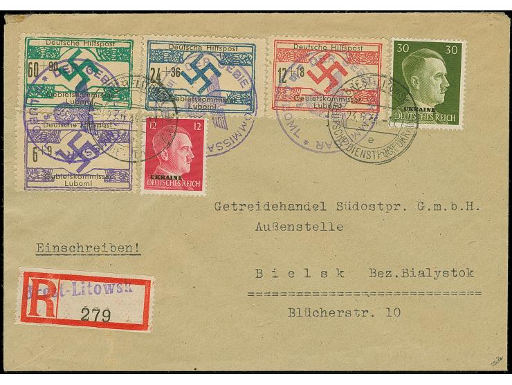 1944, Luboml 6-60 Pfennig mit Dienstsiegelentwertung zusammen mit Ostland Hitler 12 und 30 Pfennig mit Stempel “BREST-LITWOSK