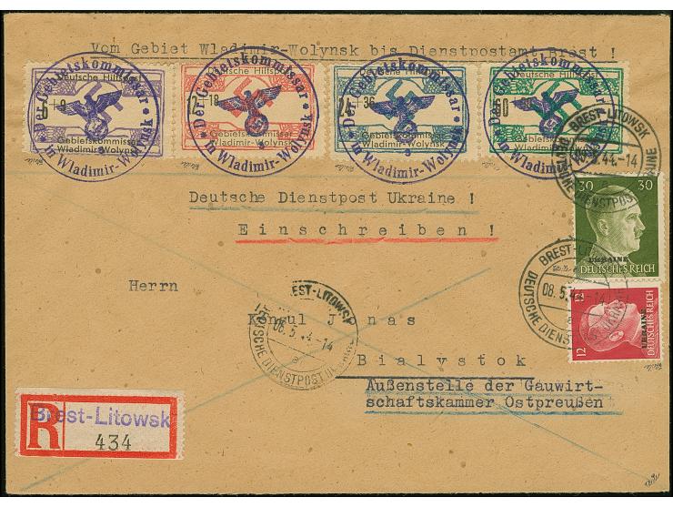 1944, Wladimir-Wolynsk 6-60 Pfennig mit Dienstsiegelentwertung zusammen mit Ostland Hitler 12 und 30 Pfennig mit Stempel “BRE