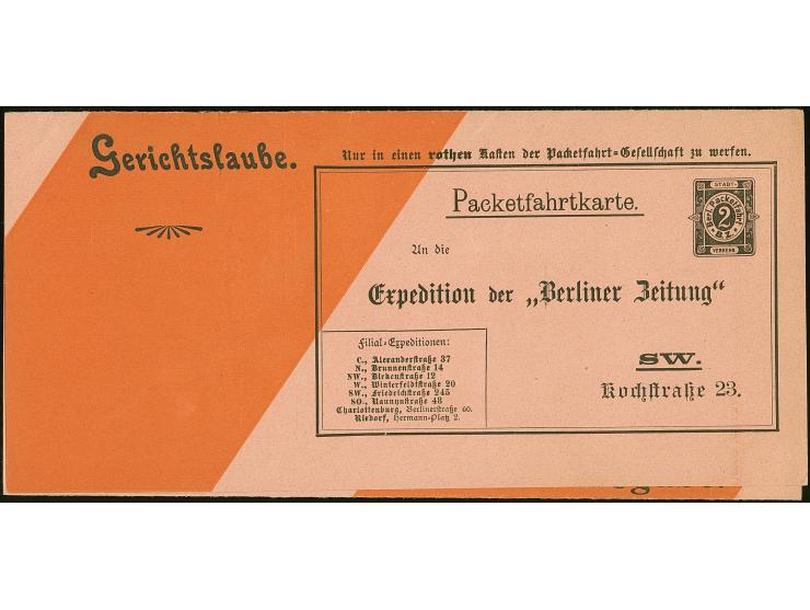 Berliner Packetfahrt-Gesellschaft: 1900 (ca.), Ganzsachenkarte auf Privat-Bestellung 2 Pfg. schwarz auf lachsfarben als Teil 