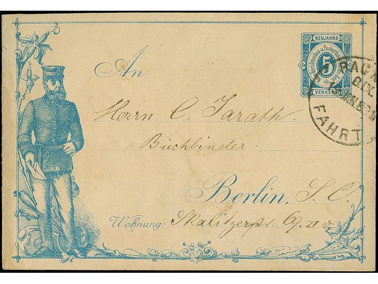Berliner Packetfahrt-Gesellschaft: 1888, Ganzsachen-Glückwunschumschlag 5 Pfg. blau einmal ungebraucht und einmal mit Stempel