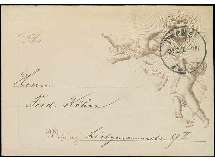 Berliner Packetfahrt-Gesellschaft: 1889, Ganzsachen-Glückwunschumschlag 10 Pfg. braun mit Einlage “Amor auf Hochrad vor dem B