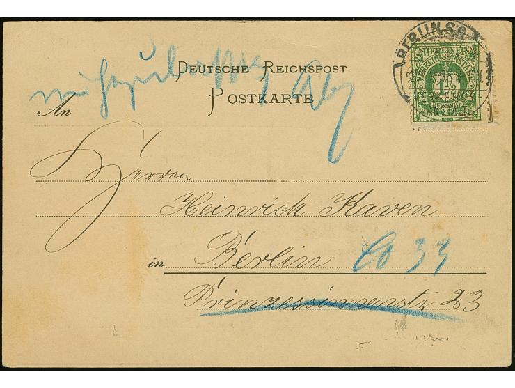 Berliner-Verkehrs-Anstalt: 1896, 1½ Pf.g grün mit Stempel “BERLINER-VERKEHRS-ANSTALT 22.9.96” überklebt auf Deutsches Reich K