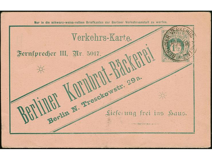 Berliner-Verkehrs-Anstalt: 1896, Ganzsachen-Doppelkarte auf Privat-Bestellung 1½ Pfg. “Berliner Kornbrot-Bäckerrei” mit Stemp
