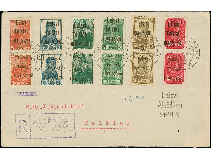 1941, 5-60 Kopeken, je im senkrechten Typenpaar IIIb+I, dabei die 50 Kopeken mit verschobenem Aufdruck, dadurch fehlt die ers