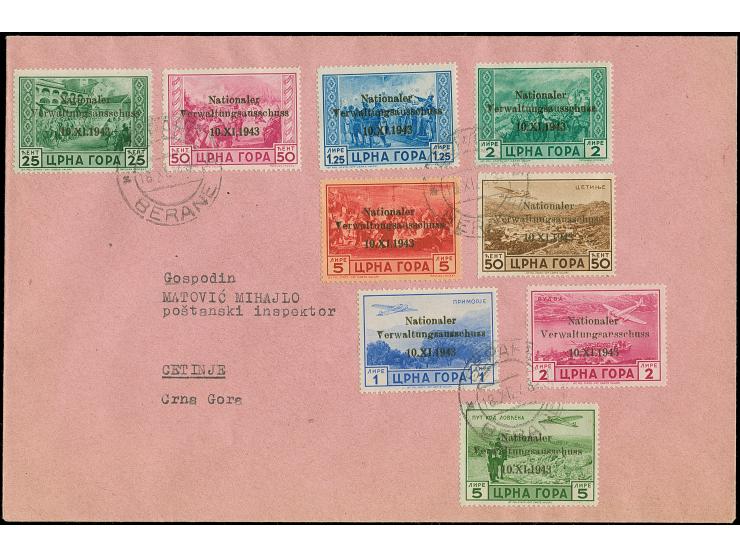 1943, Verwaltungsausschuss 25 Centesimi - 5 Lire, sauber mit Stempel “BERAN 18.XI.43” auf nach Cetinje adressiertem Umschlag 