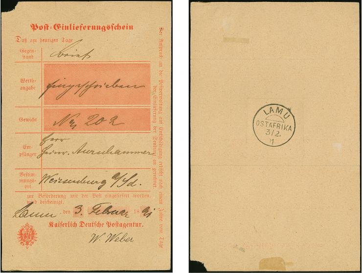 "LAMU 3/2 91" klar abgeschlagen rückseitig auf Einlieferungsschein vom gleichen Tag für ein Einschreiben nach Weissenburg, ge