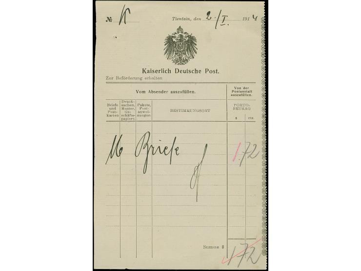 1901/3, drei Post-Einlieferungsscheine mit violettem L1 “Peking” (1903), schwarzem L1 “Tientsin” und EKr. “TIENTSIN DP *a 30.