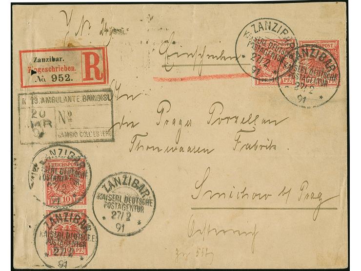 10 Pfg., 2 Einzelstücke und senkrechtes Paar, mit Stempel "ZANZIBAR 27/2 91" auf eingeschriebenem Briefkuvert an eine Porzell