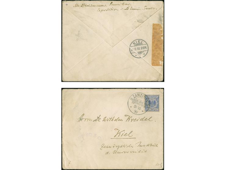 "Dr. Stuhlmann, Sansibar, Expedition v. Dr. Enim Pascha", rückseitiger Absendervermerk auf Briefkuvert mit Krone/Adler 20 Pfg