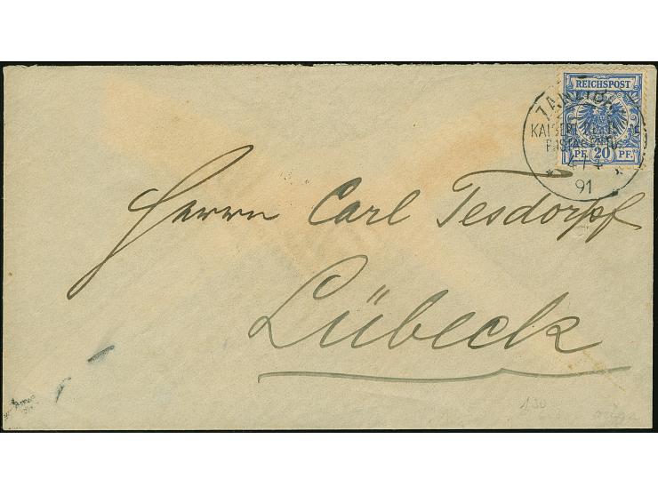 20 Pfg., mit klarem "ZANZIBAR 4/4 91" auf Briefkuvert nach Lübeck, mit Ausgabestempel vom 26.4. Ganz minimal getönt.