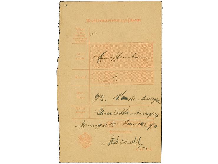 1909, handschriftlich “Nyanga 25.Januar 9” auf Posteinlieferungsschein für einen R-Brief. Das Formular wurde zweimal waagerec