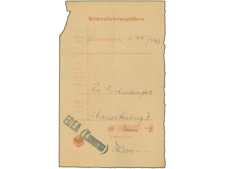 1909, zwei Posteinlieferungsscheine mit schwarzem L2 “EDEA (KAMERUN) bzw. L1 ”Victoria: Kamerun". Beide Formulare mit Falt- u