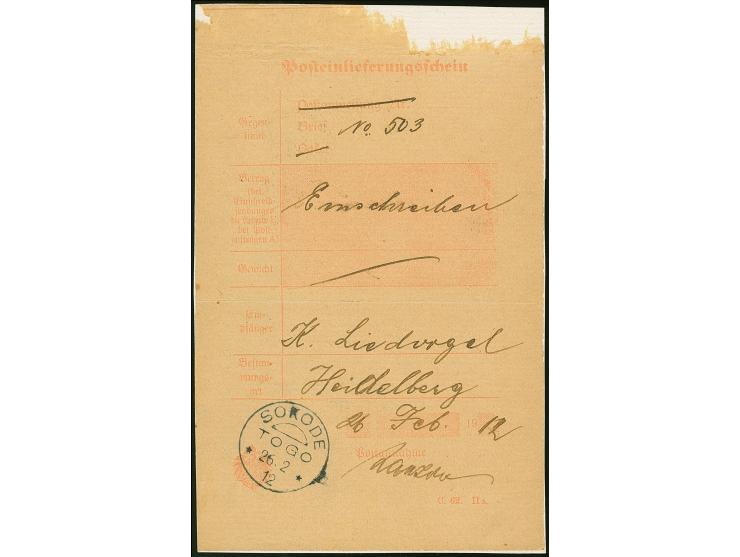 1912, “SOKODE TOGO 26.2.12” sehr klar auf Posteinlieferungsschein für einen R-Brief nach Heidelberg. Das Formular ist oben fe