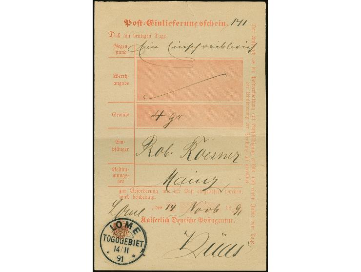 1891/92, zwei Posteinlieferungsscheine je mit Stempel “LOME TOGOGEBIET” vom "14.11.91" bzw. “5.4.92”. Dazu Posteinlieferungss