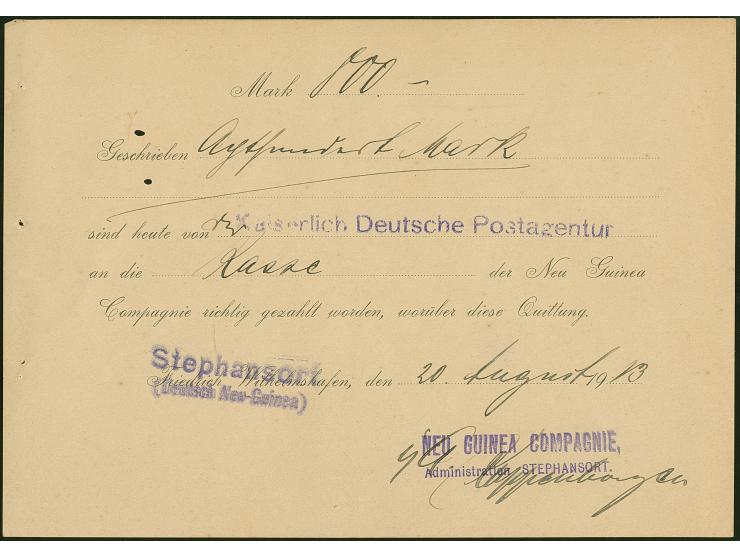 1913, Vordruck-Quittung der Kaiserlich Deutsche Postangentur über 800 M. mit violettem L2 “Stephansort (Deutsch-New-Guinea)” 