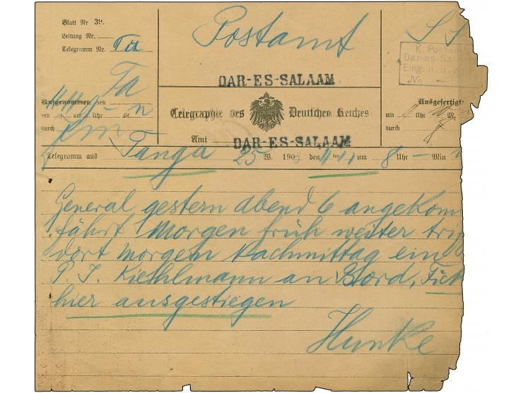 1903, Telegramm-Formular mit schwarzem L1 “DAR-ES-SALAAM” und Eingangsstempel vom 11.11.1903 für ein Telegramm aus Tanga mit 