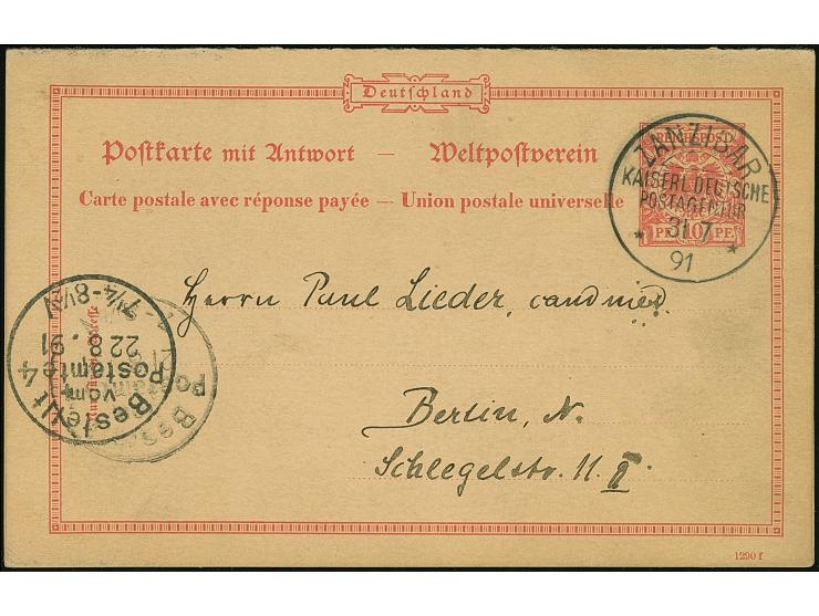 Doppelkarte 10 Pfg. mit sauberem Stempel "ZANZIBAR 31/7 91", mit Text aus Bagamoyo vom selben Tag, nach Berlin, mit Ankunftss