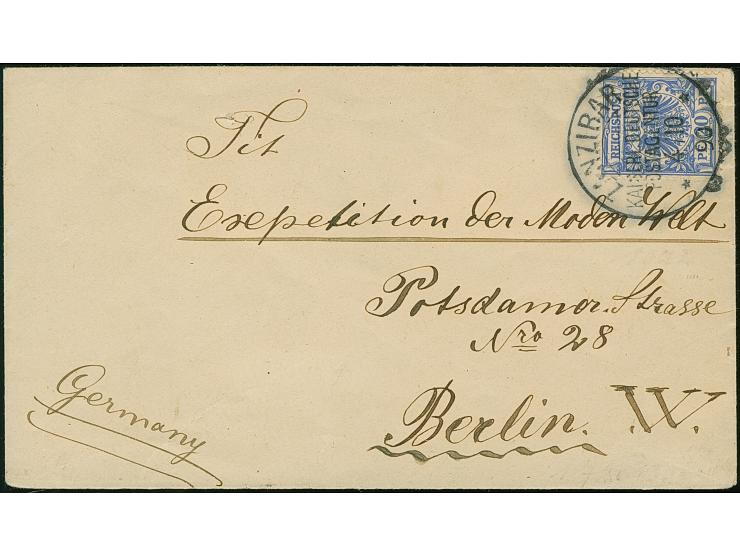20 Pfg. mit sauber aufgesetztem "ZANZIBAR 4/10 90", auf Briefkuvert an die 'Expedition der Moden Welt', nach Berlin, mit Ausg