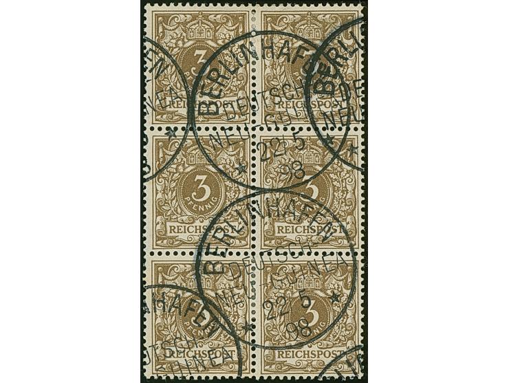 1890, Krone/Adler 3 Pfg. mittelbraun im senkrechten 6er-Block mit sehr klaren Stempelabschlägen “BERLINHAFEN DNG 22.5.98”, in