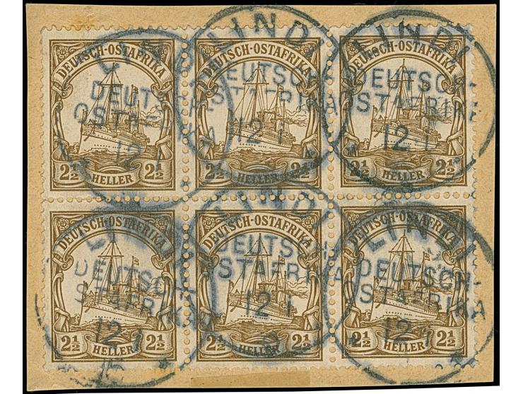 1906, Kaiseryacht 3 Pfg. im waagerechten 6er-Block mit sechs klaren Stempel-Abschlägen “LINDI DOA 12.1.15" auf Briefstück. Da