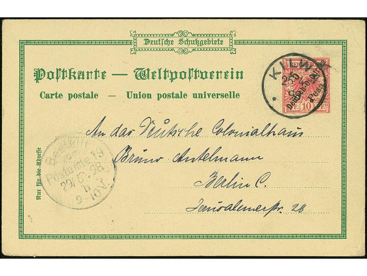 1898, Karte 3 P. auf 10 Pfg. “Gruss aus Bagamoyo” mit Stempel “KIlOSSA”, 5 P. auf 10 Pfg. “Gruss aus Dar-es-Salam” mit Stempe