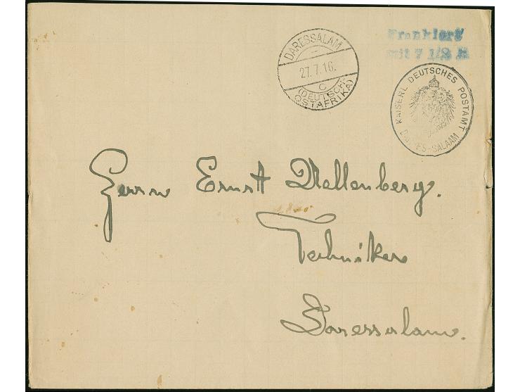 1916, Privat-Umschlag Daressalam mit schwarzem Dienstsiegel und blauem L2 “Frankiert mti 7½ H.” gebraucht mit Stempel “DARESS