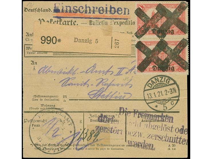 1920, 1 Mark rot, senkrechtes Paar, sowie rückseitig Germania 20 und 30 Pfennig, sauber mit Korkstempel bzw. Stempel “DANZIG 