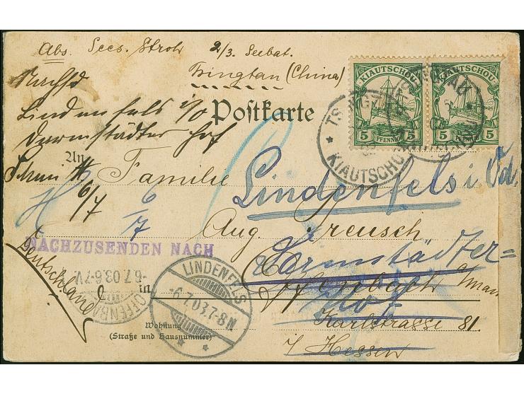 1901, Kaiseryacht 5 Pfg. im waagerechten Paar mit Stempel “TSINGTAU KIAUTSCHOU ** 26.5.03” auf vierteiliger Panorama-Karte vo