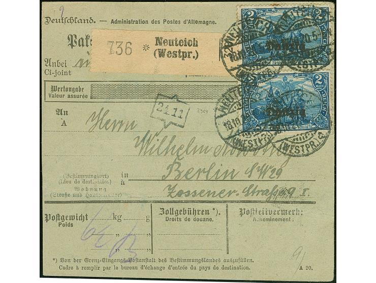 1920, 2 Mark blau, zwei Einzelwerte als Paar geklebt, sauber mit Stempel “NEUTEICH 18.10.20” auf Paketkarte nach Berlin, unau