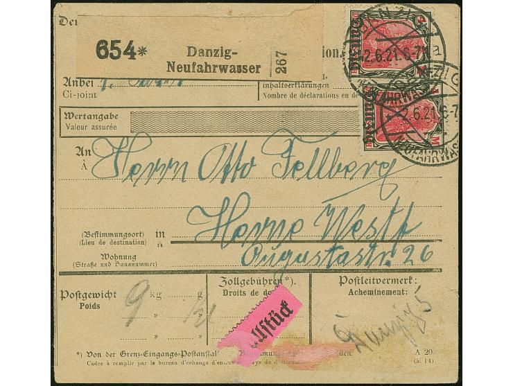 1920, 4 Mark braunschwarz/lilarot, zwei Einzelwerte, sauber mit Federzug und Stempel “DANZIG NEUFAHRWASSSR -2.6.21” auf Paket