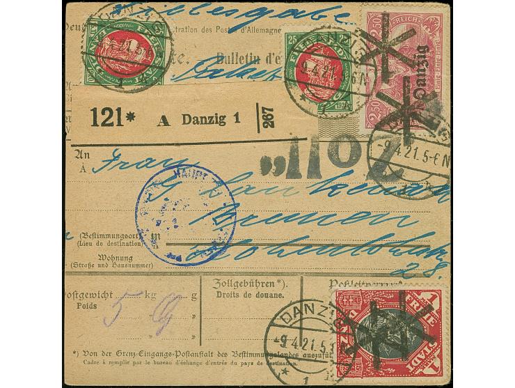 1920, 2,50 Mark lilarot, zusammen mit Kogge, zwei Einzelwerten 25 Pfennig und Einzelwert 1 Mark, mit Kork- bzw. Aufgabestempe