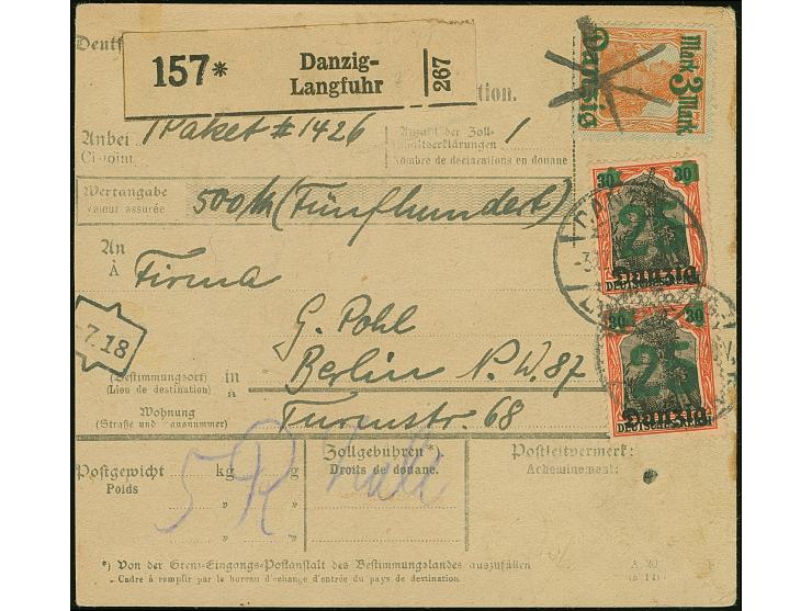 1920, 3 Mark auf 7½ Pfennig, Spitzen nach unten sowie senkrechtes Paar 25 auf 30 Pfennig, sauber mit handschriftlicher Entwer