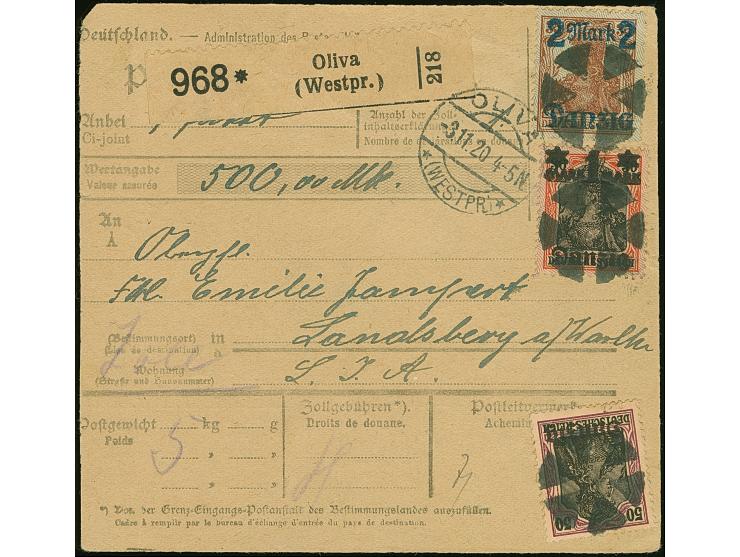 1920, 2 Mark auf 35 Pfennig, Spitzen nach unten, mit Zufrankatur mit Korkstempel auf Wertpaketkarte mit nebengesetztem Aufgab
