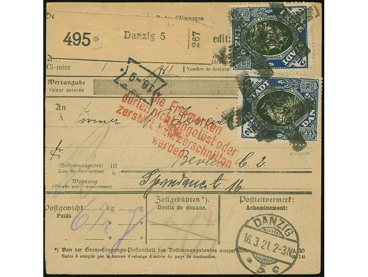 1921, Kogge 2 Mark, zwei Einzelwerte, sauber mit Korkstempel auf Paketkarte mit nebengesetztem Aufgabestempel “DANZIG 16.3.21