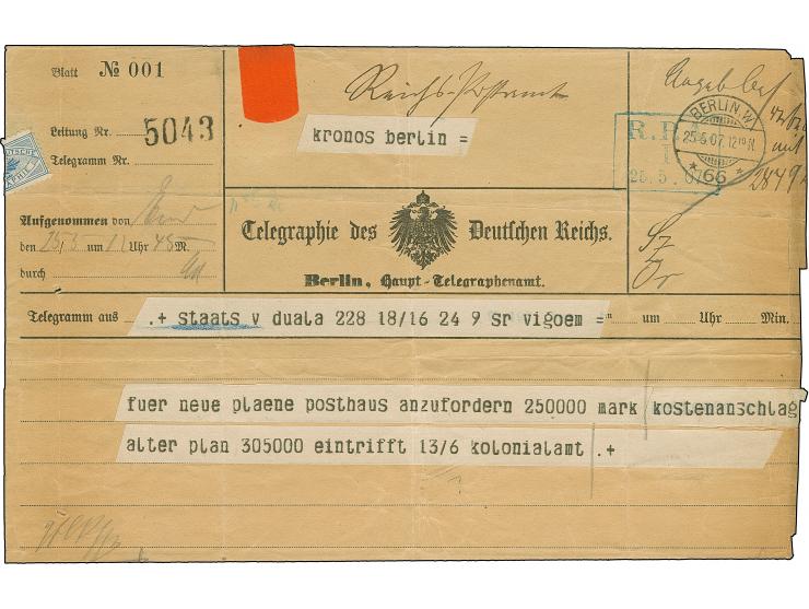 1907, Vordruck-Doppelblatt “KAISERLICHES POSTAMT” mit Datierung “Duala, den 4.Mai.1907” mit komplettem Kostenvoranschlag über
