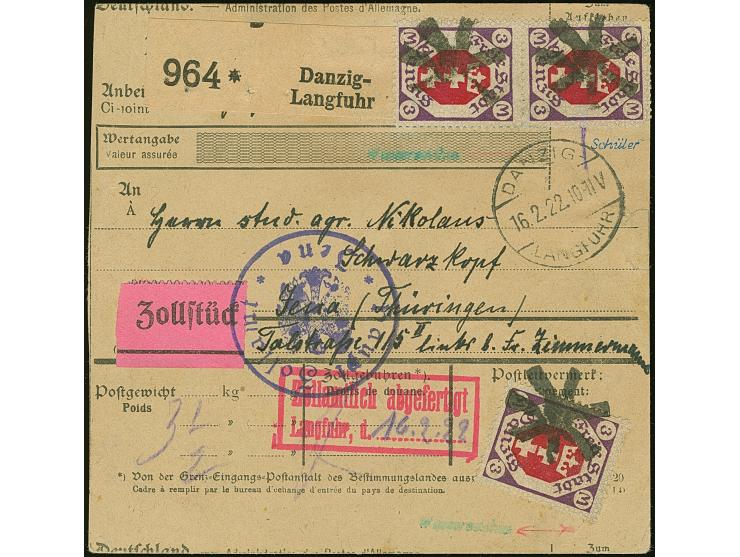 1921, 3 Mark senkrechtes Paar und Einzelwert, sauber mit Korkstempel auf Paketkarte mit nebengesetztem Aufgabestempel “DANZIG