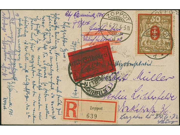 1922, Großes Staatswappen 50 Mark rot/gold, liegendes Wasserzeichen, sauber mit Stempel “ZOPPOT -9.6.22” auf Eil-R-Postkarte 