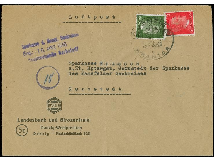 1945, Hitler 5 und 12 Pfennig mit Sonderstempel “DANZIG KRANTOR 26.2.45” auf Luftpost-Vordruckbriefumschlag des Landesbank un