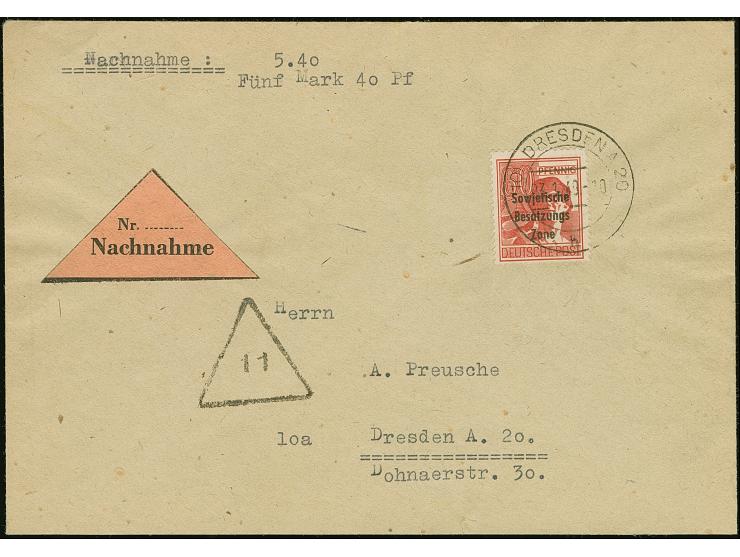 1948, Maschinenaufdruck 60 Pfg. karminrot mit Stempel “DRESDEN A20 3.1.49” auf um 4 Pfg. überfrankiertem Nachnahme-Ortsbrief,
