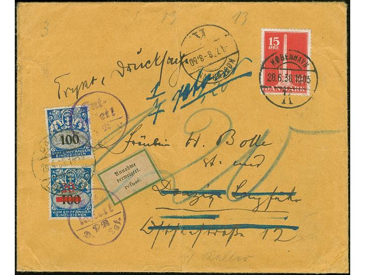 1932, 20 auf 100 Pfennig und 100 Pfennig, sauber mit Stempel “DANZIG 29.6.38” auf Brief aus Kopenhagen, mehrfache Zustellvers