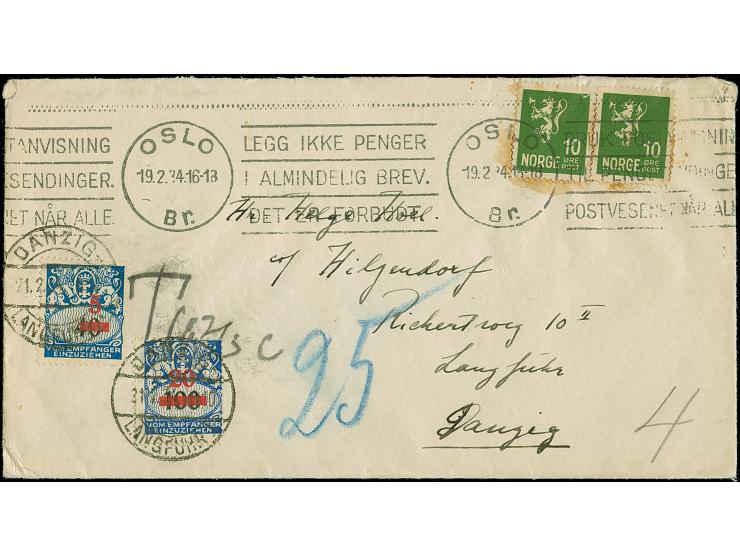 1932, 5 auf 40 Pfennig und 20 auf 100 Pfennig, sauber mit Stempel “DANZIG-LANGFUHR 21.2.34” auf unterfrankiertem Brief aus Os