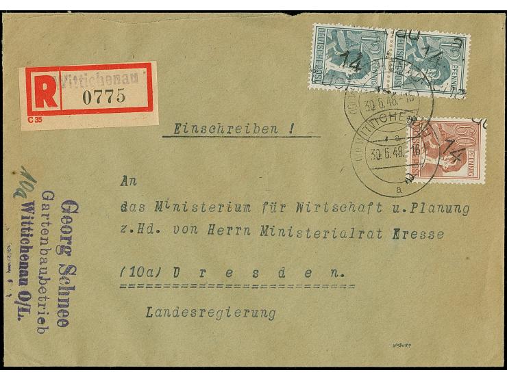 “14/Wittichenau” auf Arbeiter 12 Pfg. im senkrechten Paar und 60 Pfg. karminbraun je mit Stempel “WITTICHENAU 30.6.48” als ta