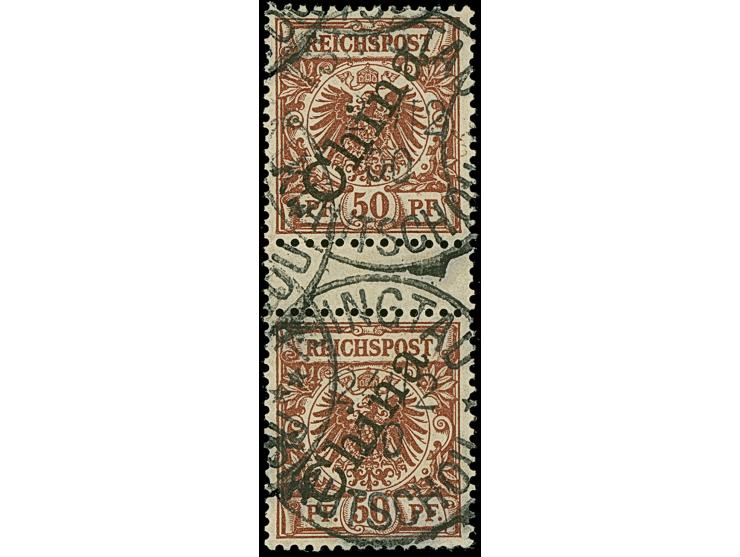 1900, Krone/Adler 50 Pfg. lebhaftrötlichbraun, Zwischenstegpaar, sauber mit Stempel “TSINGTAU KIAUTSCHOU ** 24 12 00”, untere